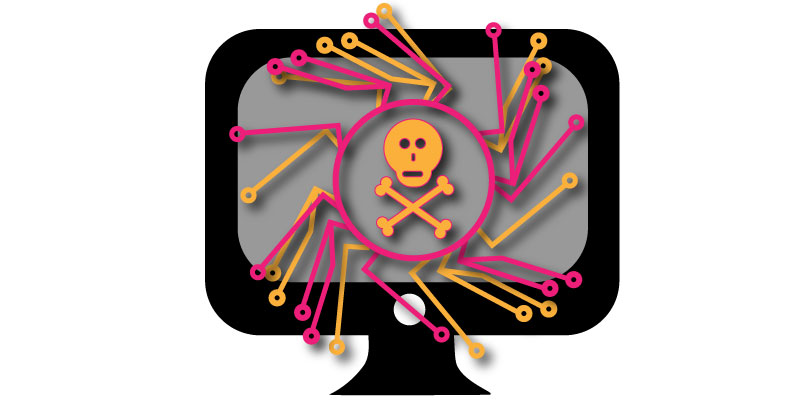 a skull and crossbones with tentacles emerging from a desktop computer screen